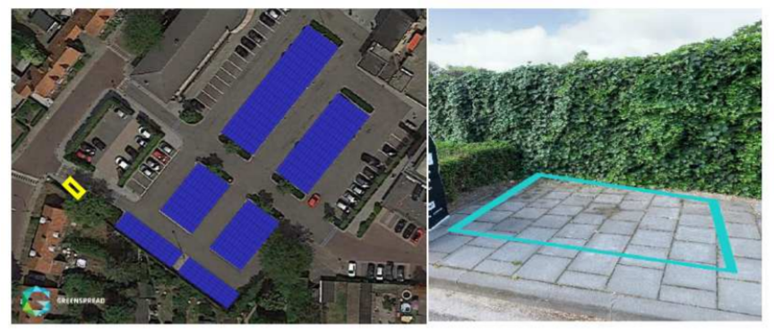 Twee foto's. Links: De voorziene parkeervakken waarboven de carport geplaats kan worden en de voorziene omvormerlocatie. Rechts: foto van de plek van de omvormer.