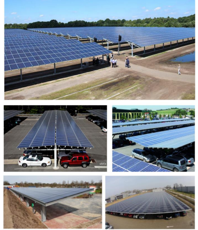  Diverse ontwerpvarianten van zonnecarports, met bovenaan de carport(s) van het TT-circuit in Assen, met een totaal geïnstalleerd vermogen van 5,6 MWp