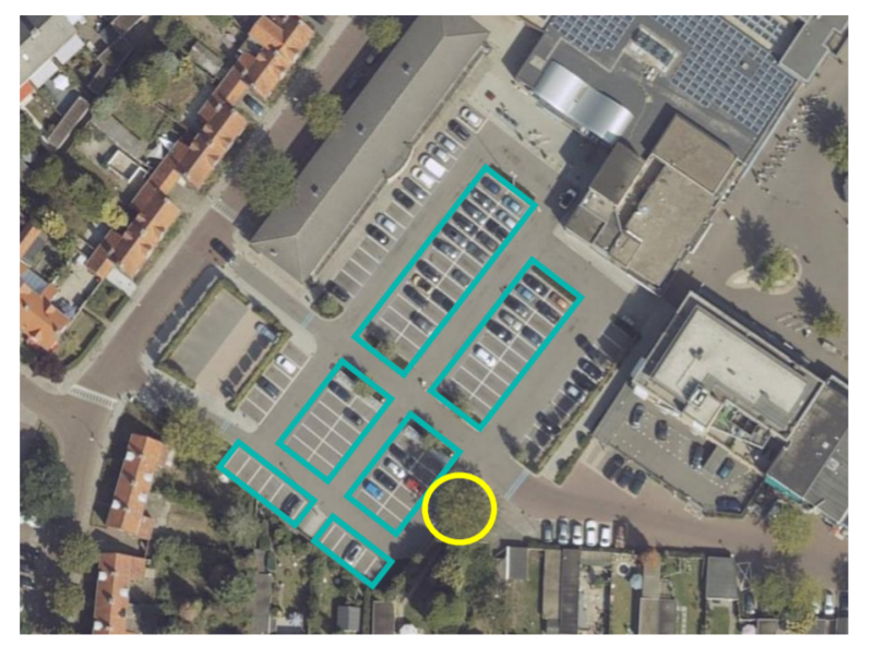 De voorziene parkeervakken waarboven de carport geplaatst kan worden